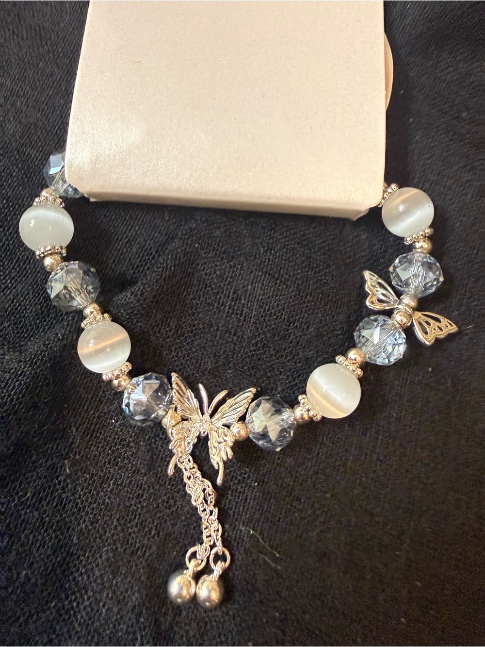 Silver Butterfly Beaded Bracelet - White & Light Blue